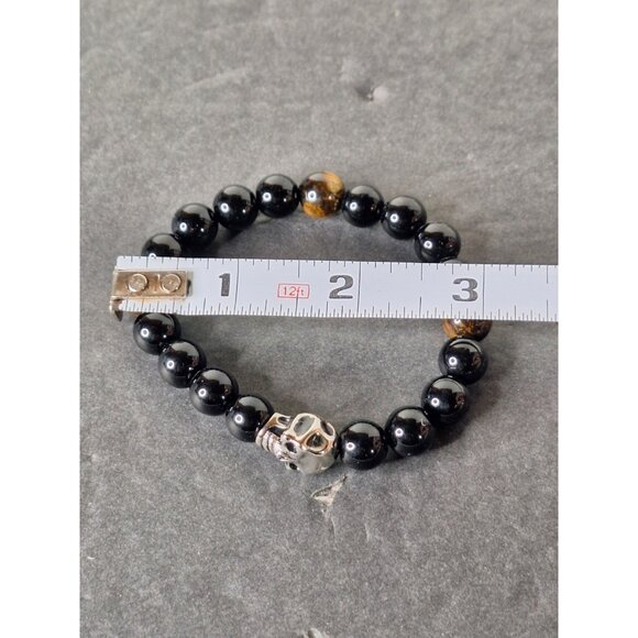 Tiger Eye Black Onyx Stone Skull & Hematite Lion Head Stretch Bracelets(2) - Picture 9 of 12